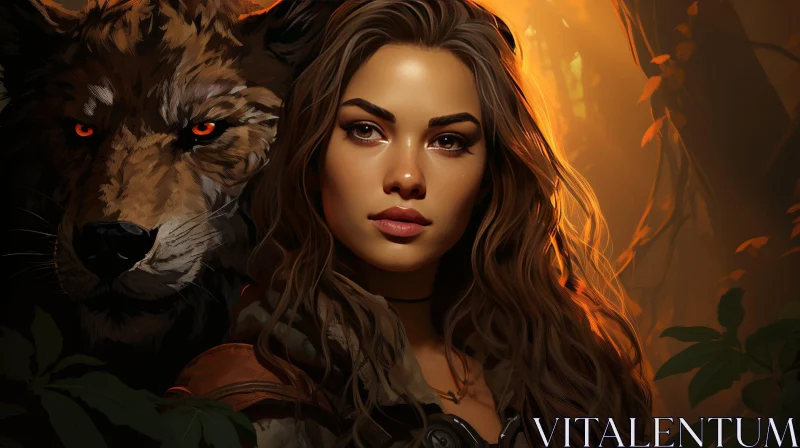 Enchanting Woman and Wolf Portrait in Forest AI Image