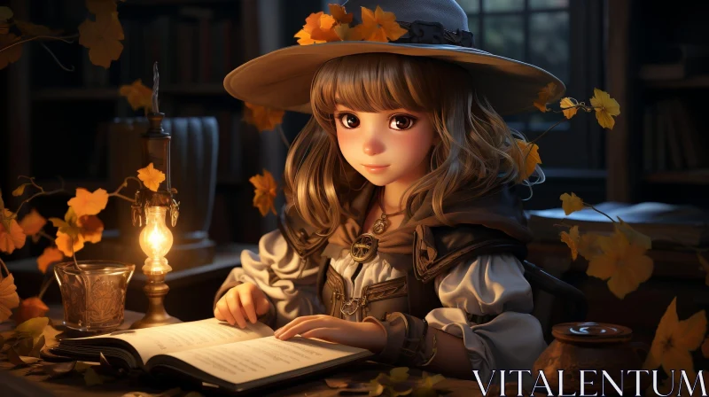Enchanting Young Girl in Witch's Hat Reading in Cozy Library AI Image
