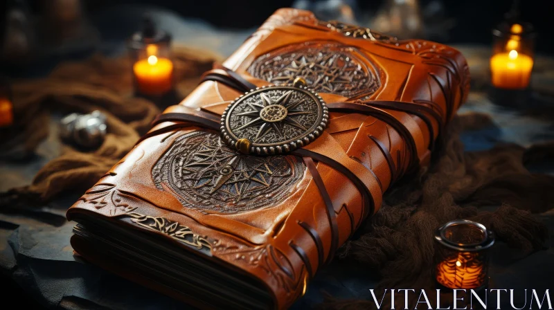 AI ART Enigmatic Leather-Bound Book with Skull and Candles