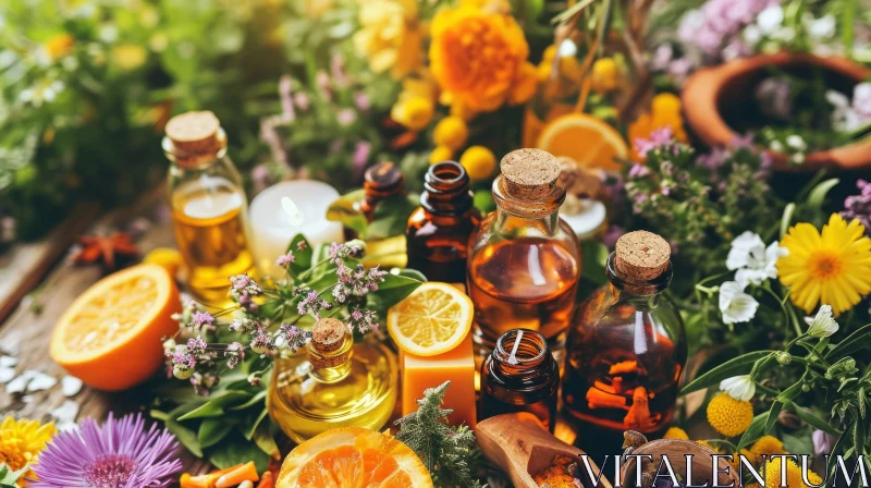 Essential Oil Bottles and Citrus Fruits on Wooden Table - Captivating Still Life Composition AI Image