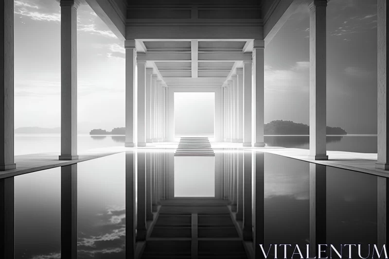 Ethereal Landscape: Modern Building with Columns and Water View AI Image