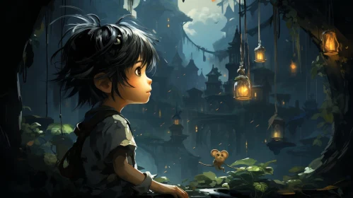 Fantasy City Digital Painting - Young Boy and Mystical Urban Landscape