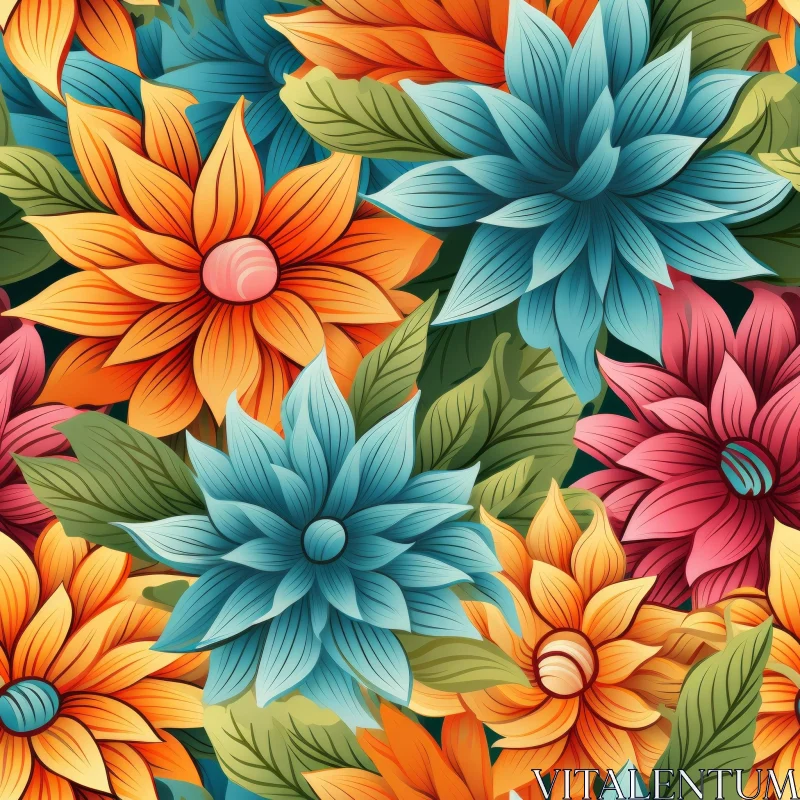 AI ART Floral Pattern with Orange, Blue, and Pink Flowers