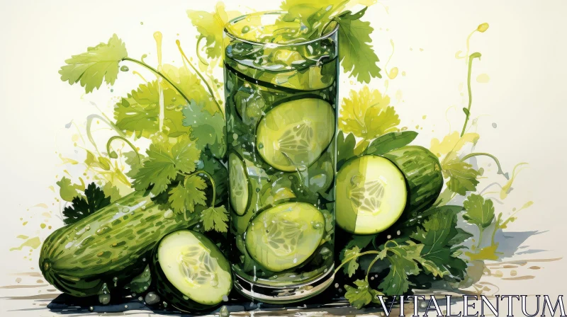 AI ART Fresh Watercolor Painting of Cucumber Water Glass