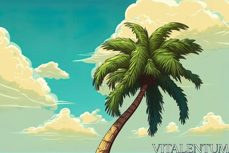 Lively Seascapes: Cartoon Palm Tree on Sky with Clouds AI Image