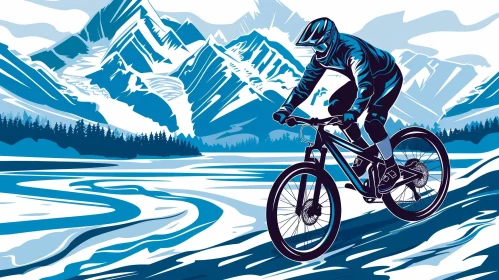 Mountain Biker Illustration on Snowy Mountain