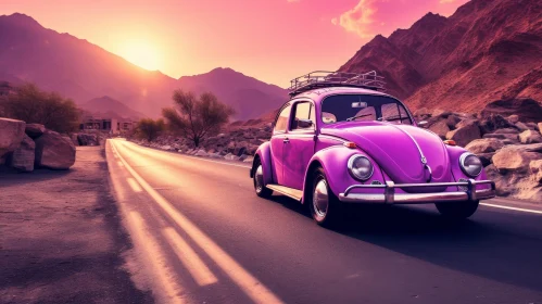 Pink Vintage Volkswagen Beetle Desert Sunset Drive