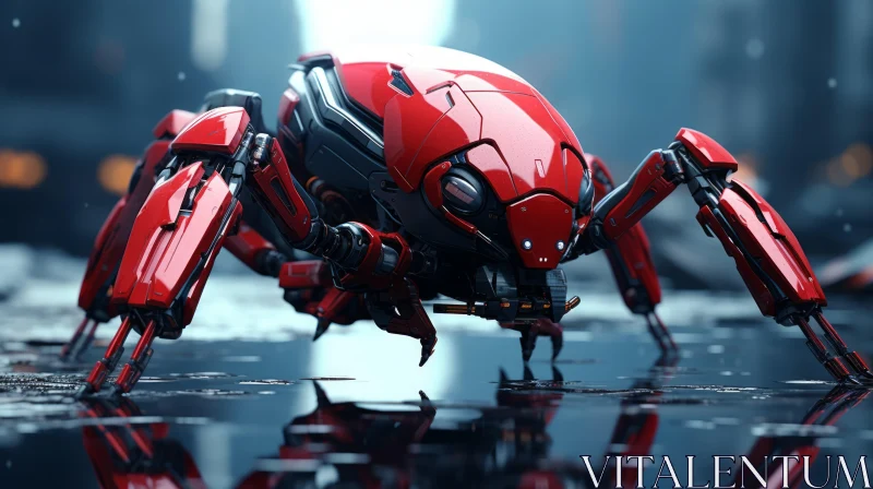 Red Insectoid Robot in Rainy Cityscape AI Image