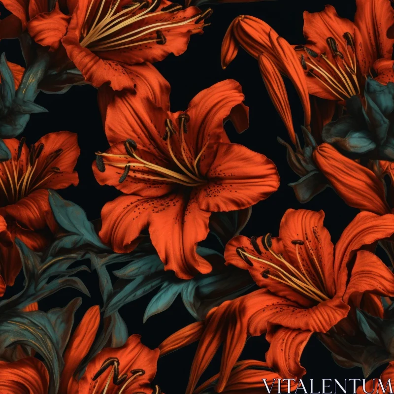 Red Lilies Seamless Pattern on Dark Background AI Image