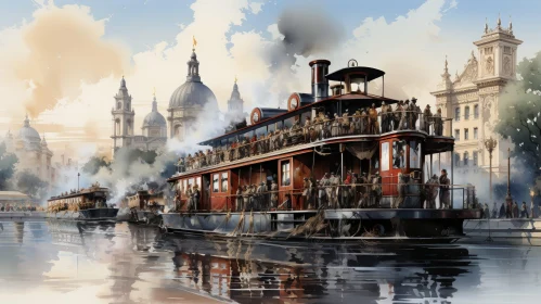 Red Steamboat Painting on River in City