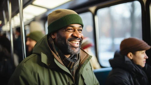 Smiling African-American Man on Bus Looking out Window