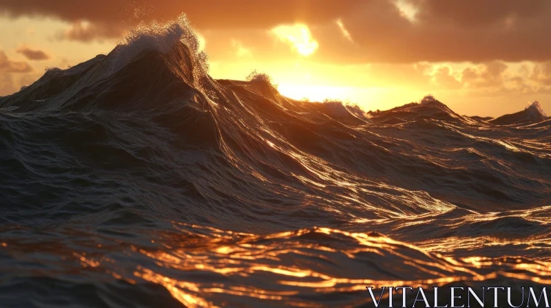 Stunning Seascape: Majestic Waves and Golden Sunset AI Image