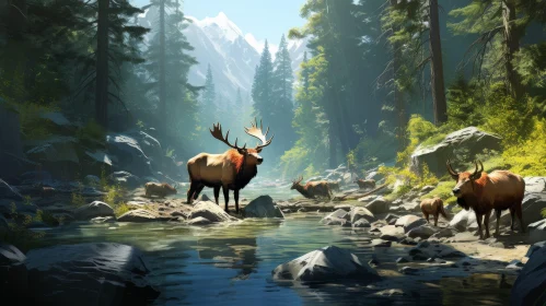 Tranquil Forest Landscape with River and Elk