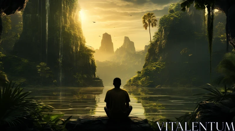 Tranquil Tropical Rainforest Landscape with Waterfall and Meditation AI Image