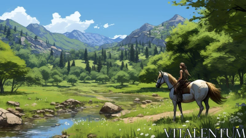 Tranquil Valley Landscape Painting with Horse - Nature Art AI Image