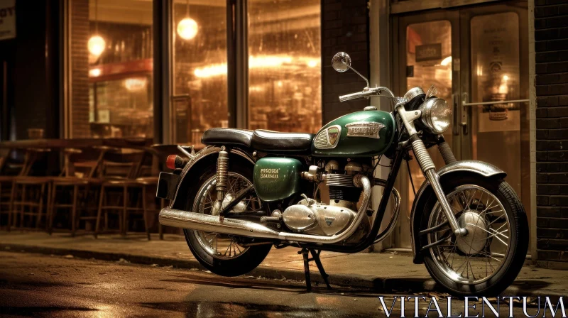AI ART Vintage Green Triumph Motorcycle at Night