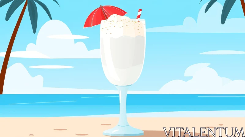 Beach Cartoon Illustration with Milkshake Glass AI Image