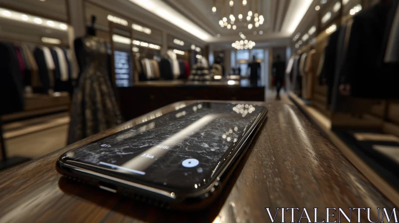 Black Smartphone on Wooden Table: Reflections of Store Interior AI Image