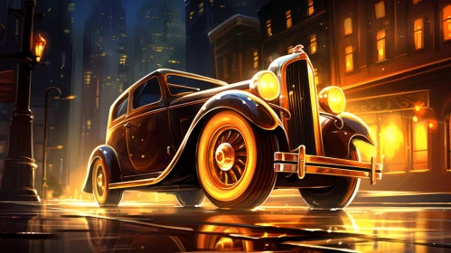 Classic Car Night Scene - City Street Digital Painting
