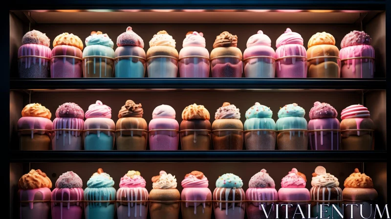 Colorful Cupcake Display: Sweet Delights in a Display Case AI Image