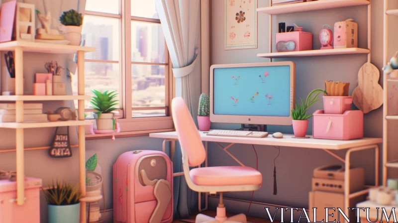 Cozy Pink and Blue Home Office Decor AI Image