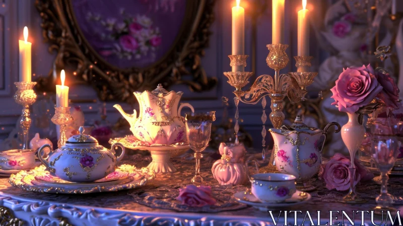 Enchanting Still Life of Tea Table with Porcelain and Pink Roses AI Image