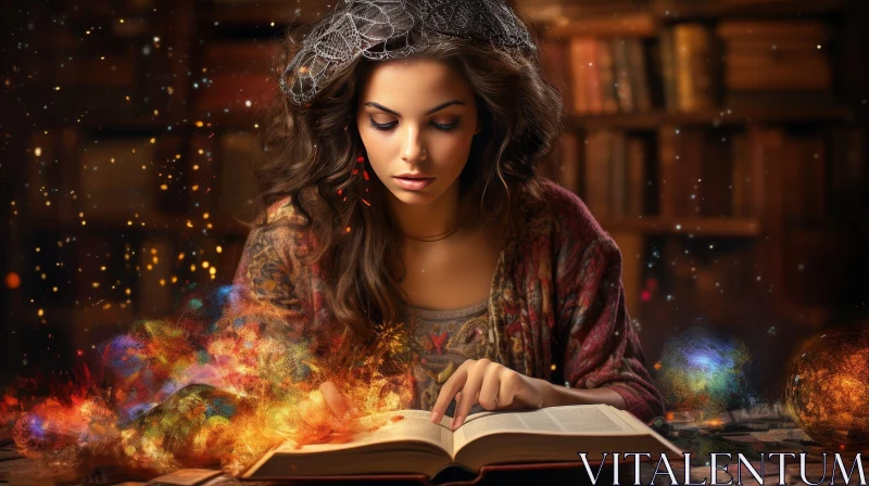 Enchanting Woman in Library with Magical Atmosphere