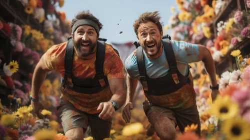 Joyful Adventure: Two Men Running in a Colorful Flower Field