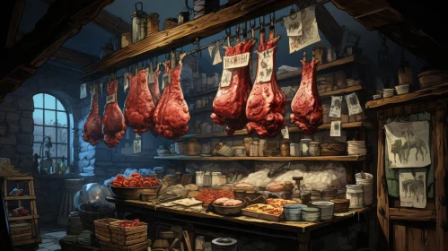 Medieval Butcher Shop Digital Painting