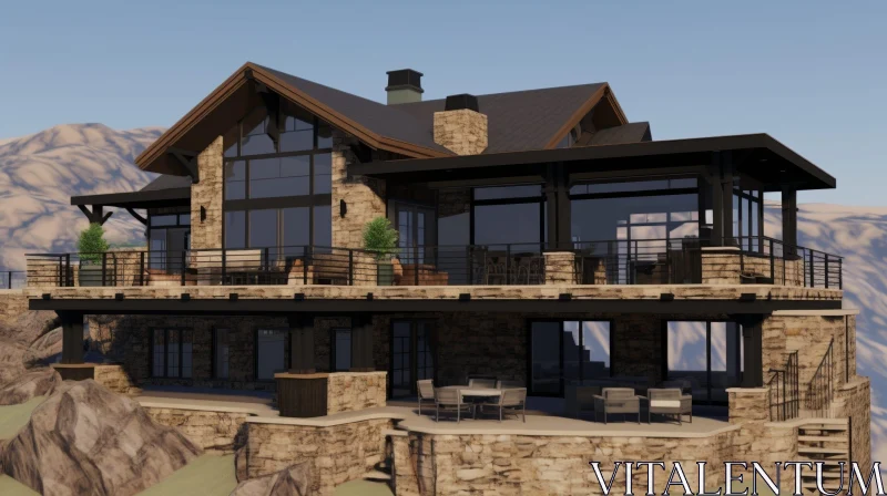 AI ART Mountain View Two-Story Cabin Illustration