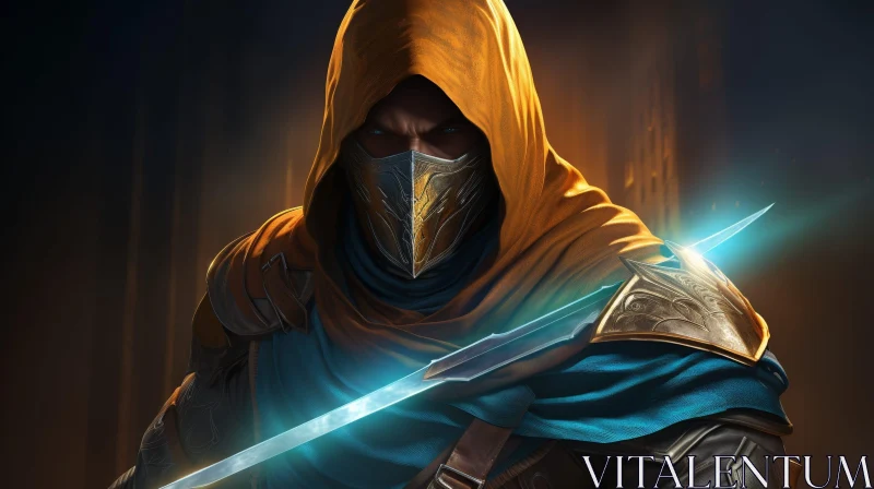Mysterious Fantasy Male Character Portrait with Golden Mask and Sword AI Image