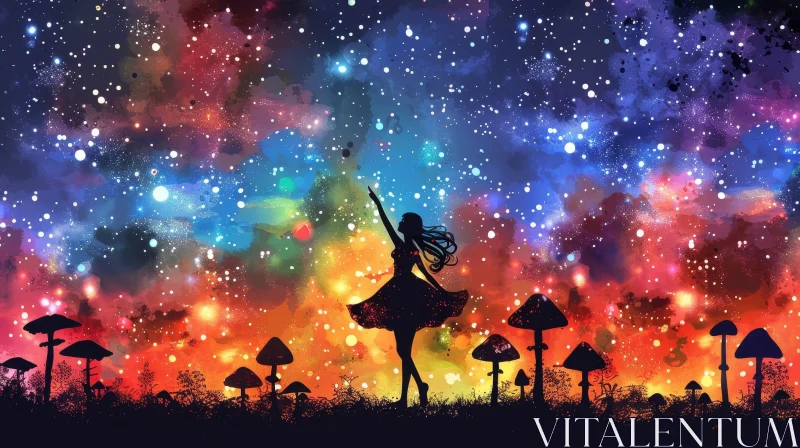 Night Sky Watercolor Painting with Girl in Mushroom Field AI Image