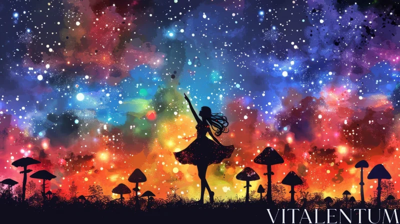 Night Sky Watercolor Painting with Girl in Mushroom Field