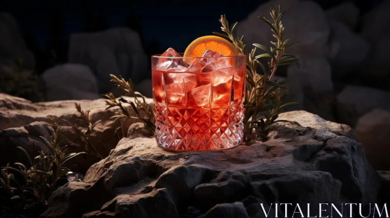 Orange Cocktail on Rock in Natural Setting AI Image