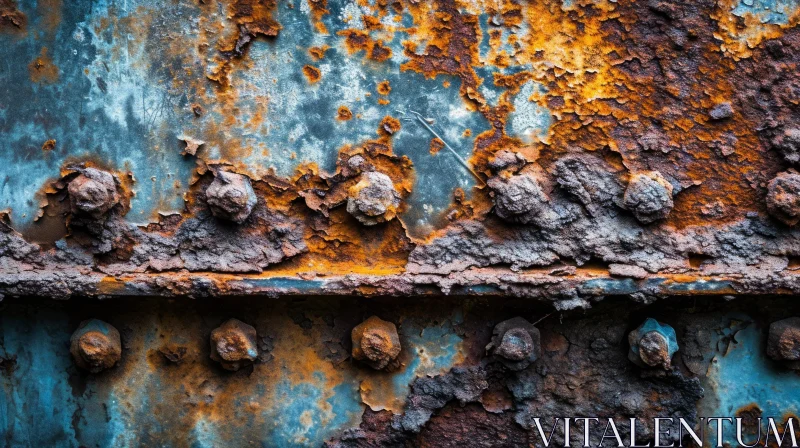 Rusty Metal Surface with Chipped Blue Paint and Bolts AI Image