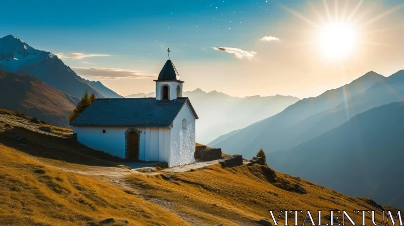 Serene Church Landscape on Hilltop with Snow-Capped Mountains AI Image