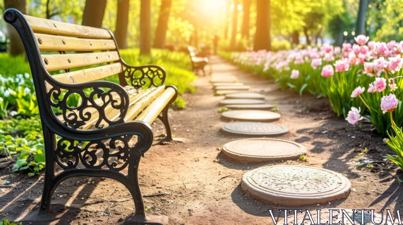 Serene Park Scene: Wooden Bench, Pink Tulips, and Natural Beauty AI Image