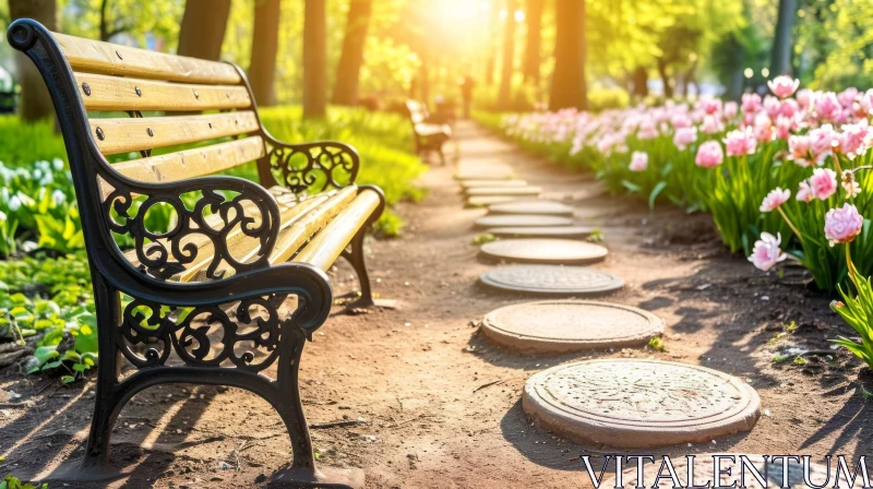 Serene Park Scene: Wooden Bench, Pink Tulips, and Natural Beauty