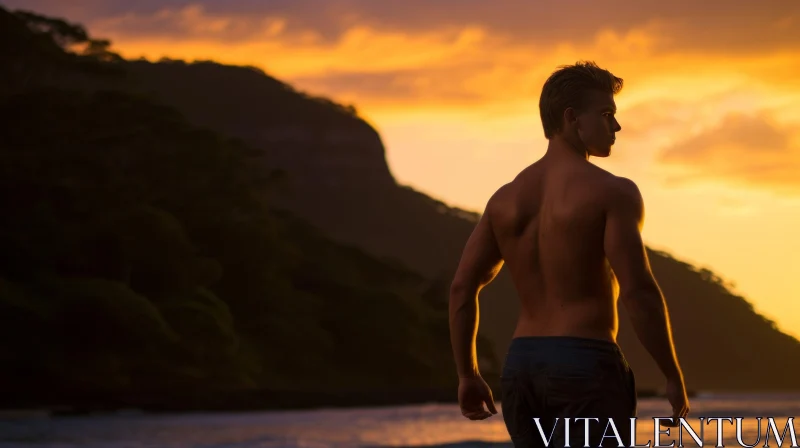 Tranquil Sunset Beach Scene with Shirtless Man AI Image