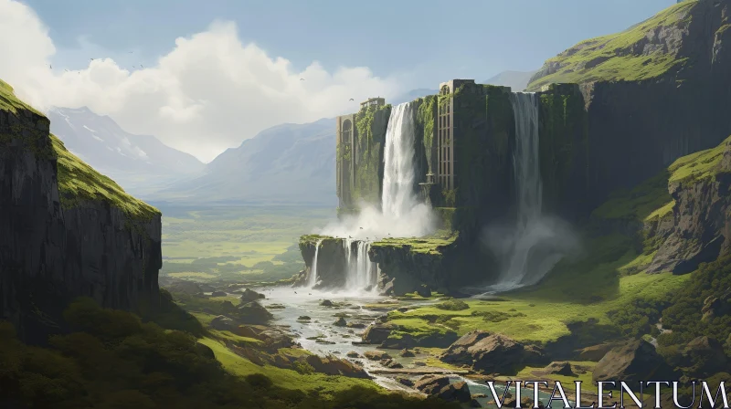 AI ART Tranquil Waterfall Landscape in a Green Valley