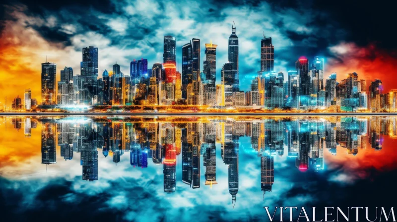 Urban Cityscape at Night with Beautiful Reflection AI Image