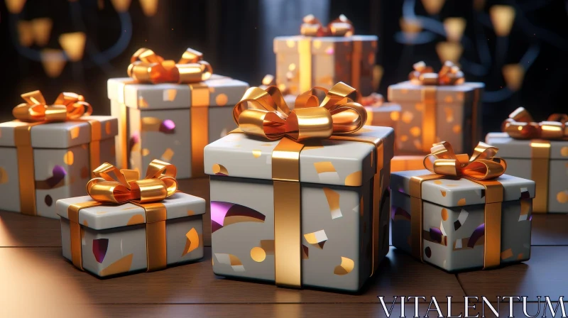Warm Celebration: Wrapped Gifts with Gold Ribbons AI Image
