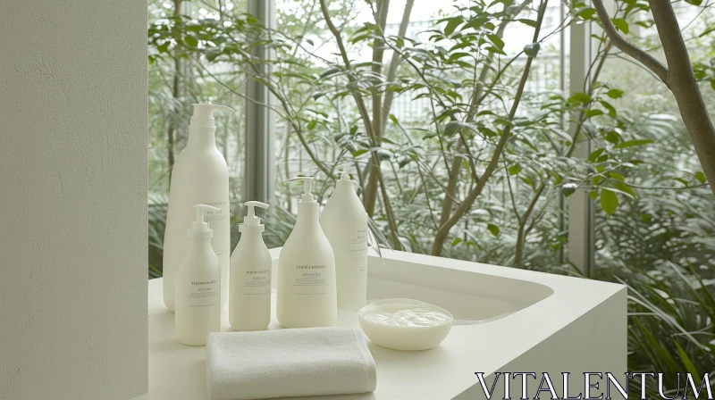 White Shampoo and Conditioner Bottles on a Marble Sink AI Image