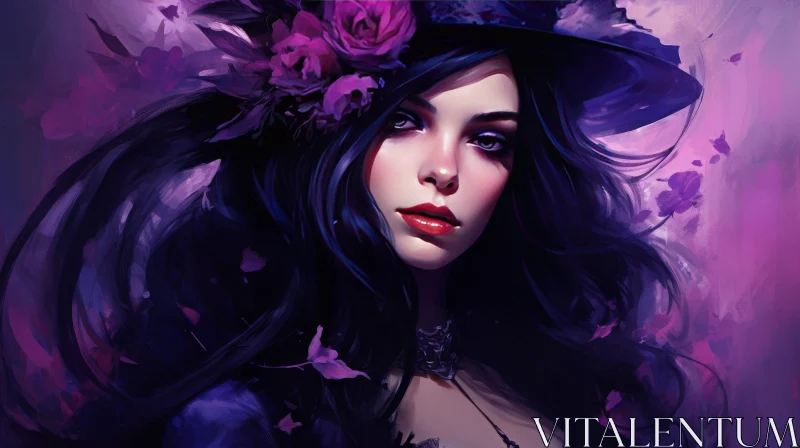 Beautiful Woman Portrait with Black Hair and Purple Flowers AI Image
