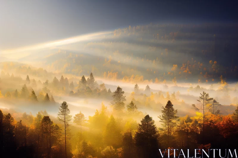 Captivating Fall Scene: Sunlight, Mist, and Golden Palette AI Image