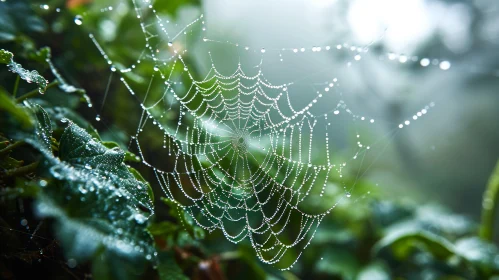 Close-up Spider Web with Dew Drops on Green Leaves Background