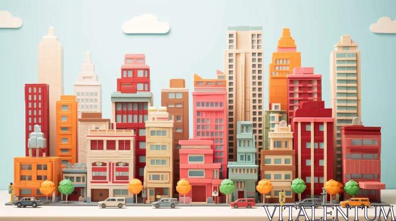 Colorful 3D Cityscape with Tall Buildings and Cars AI Image