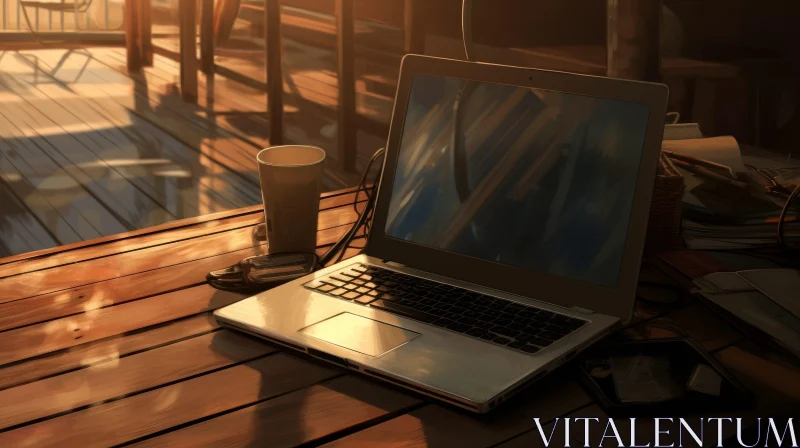 Cozy Laptop Still Life on Wooden Table AI Image