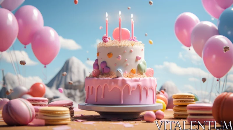 Delicious 3D Birthday Cake with Pink Frosting and Balloons AI Image