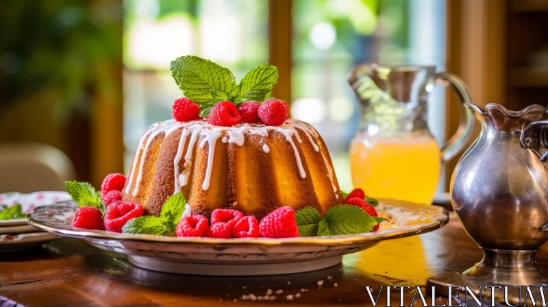 AI ART Delicious Bundt Cake with Raspberries and Mint Leaves